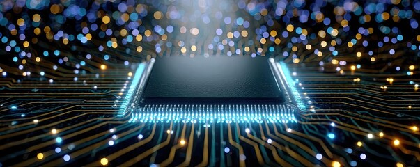 Adaptive chip and programmable integration concept. Abstract close-up of a futuristic microchip with glowing lights.