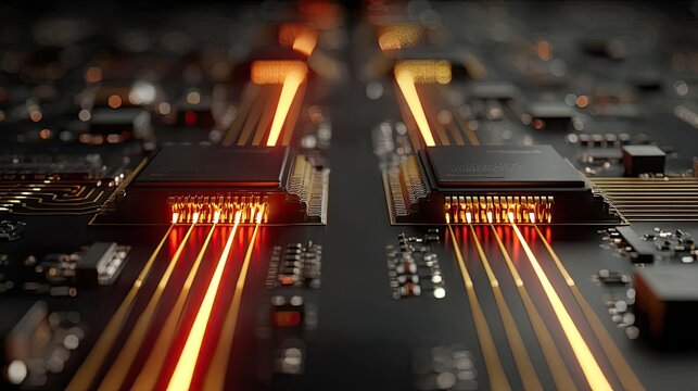 Adaptive chip and programmable integration concept. Close-up of a circuit board with glowing connections and chips.