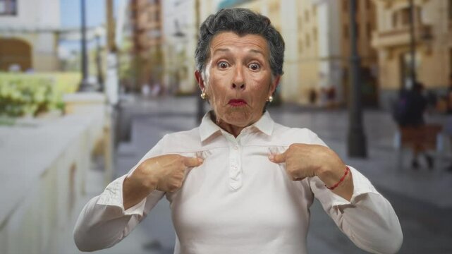 Senior woman with grey hair gestures surprisingly to herself on a lively urban street, capturing a moment of humorous self-recognition and emotion outdoors in a city setting.