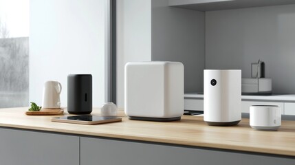 Modern kitchen appliances lined up on a wooden countertop.  Organized, sleek design