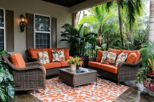 A patio set Tropical-inspired outdoo, Outdoor patio set with tropical design, including a table and chairs, set against a backdrop of vibrant plants