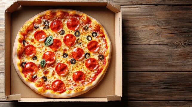 Close-Up View of Pizza in Cardboard Box on Table