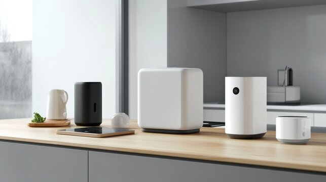 Modern kitchen appliances lined up on a wooden countertop.  Organized, sleek design