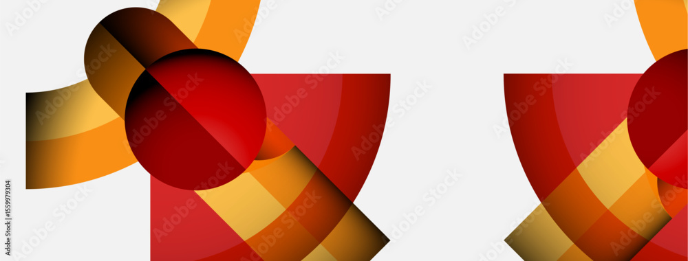 Poster abstract composition features overlapping geometric shapes. red, orange, yellow hues dominate white 