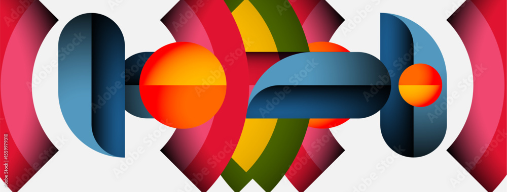 Poster Abstract geometric shapes, vibrant colors, symmetrical design. Composition features overlapping forms, creating dynamic visual effect.