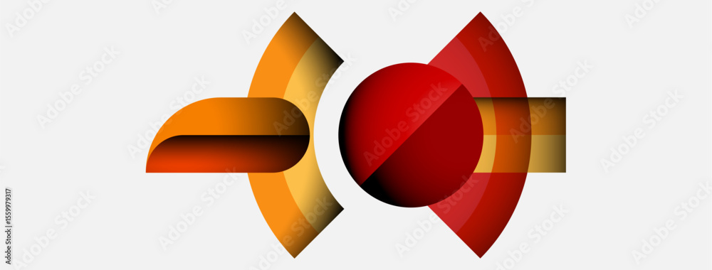 Aufkleber Abstract design features curved shapes, warm colors. Red sphere contrasts orange elements, creating dynamic composition. Minimalist style.