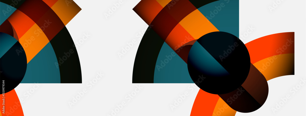 Poster abstract composition features overlapping circular segments. colors include orange, teal, brown, bla