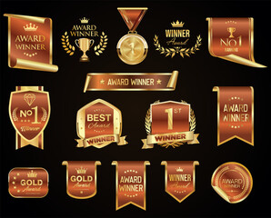 Golden luxury labels and badges gold premium quality certificate ribbons vector illustration