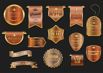 Golden luxury labels and badges gold premium quality certificate ribbons vector illustration