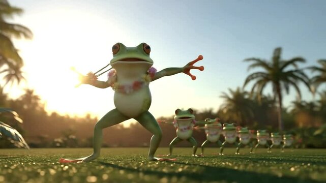 Animated Frogs Dancing in a Line Wearing Leis on a Tropical Lawn at Sunset