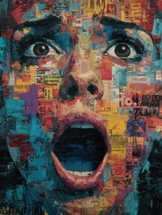 Dramatic abstract face collage. Vibrant colors, intense expression. Ideal for print, web, and social media.