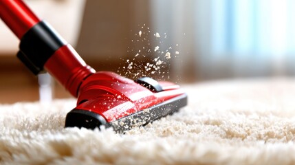 A powerful red vacuum cleaner in action, effortlessly picking up dirt from a plush carpet, highlighting the importance of cleanliness and hygiene in everyday home life.