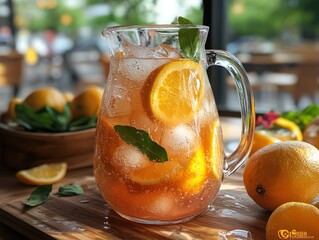 Refreshing iced drink in a glass pitcher