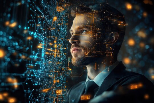 A portrait of a pensive businessman, his form interwoven with digital circuitry, symbolizing the fusion of human ingenuity, A reflective businessmans portrait merged with digital circuitry 