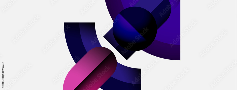 Poster Abstract shapes overlap, creating dynamic composition. Purple, blue hues dominate white background. Modern design, gradient effects present.