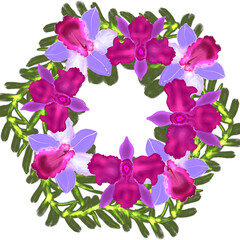 Floral Wreath with Purple Orchids and Green Leaves