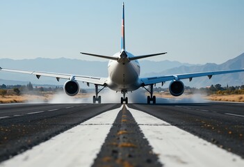Naklejka premium commercial airliner landing on runway creating smoke trails on a clear sunny day in a mountainous