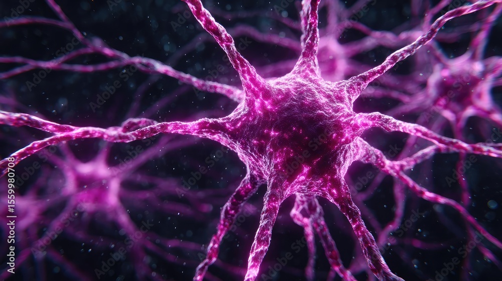Aufkleber Neuro logic for adaptive neuron and biological concept. Close-up view of vibrant pink neurons with intricate structures.