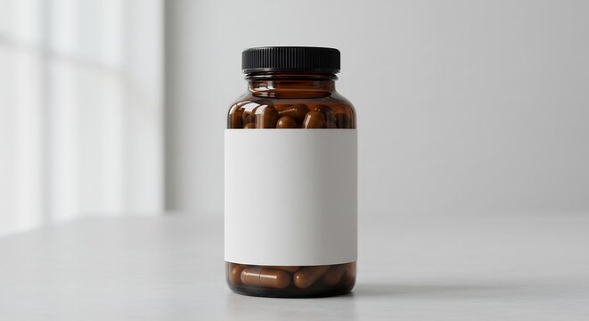 Amber Pill Bottle with Blank Label: Vitamins, Supplements, Healthcare, and Medicine Concept
