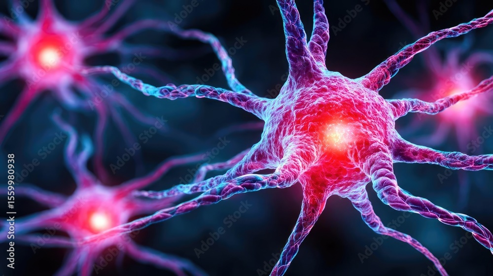 Aufkleber Neuro logic for adaptive neuron and biological concept. Close-up of vibrant neurons with glowing connections.