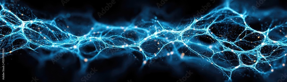 Poster Neuro logic for adaptive neuron and biological concept. Abstract blue light network representing connectivity and energy.