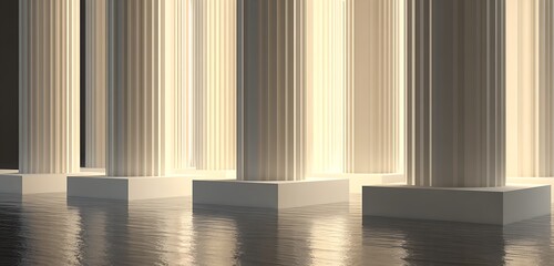 A group of white pillars standing on a reflective surface under soft lighting conditions in a row
