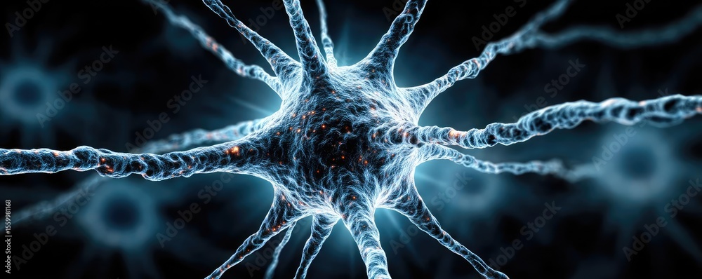 Poster neuro logic for adaptive neuron and biological concept. detailed illustration of a neuron in nervous