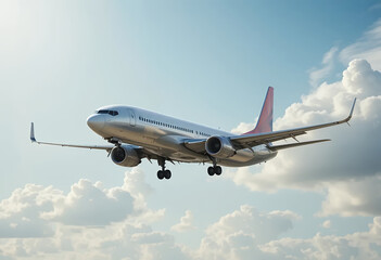 Obraz premium Commercial airplane flying amidst white clouds in a bright blue sky during daytime landing approach