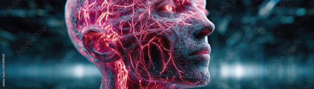 Poster Cortex processor supports neuron activation process concept. Futuristic representation of human anatomy and technology blend.