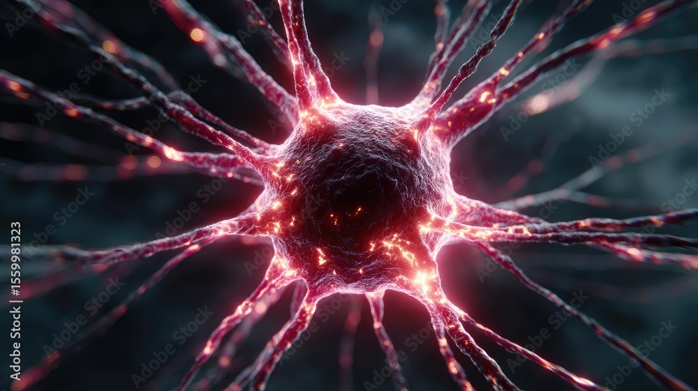 Aufkleber Cortex processor supports neuron activation process concept. A detailed visualization of a glowing neuron in the brain.