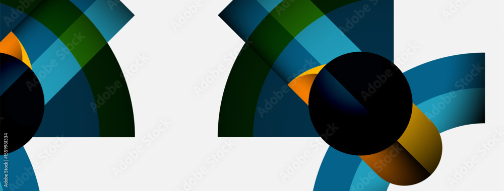 Poster abstract composition features colorful arcs, circles, contrasting dark shapes. minimalist design, cl