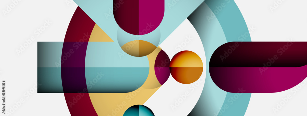 Poster Abstract geometric composition. Overlapping shapes create dynamic visual effect. Colors blend, forming modern design.