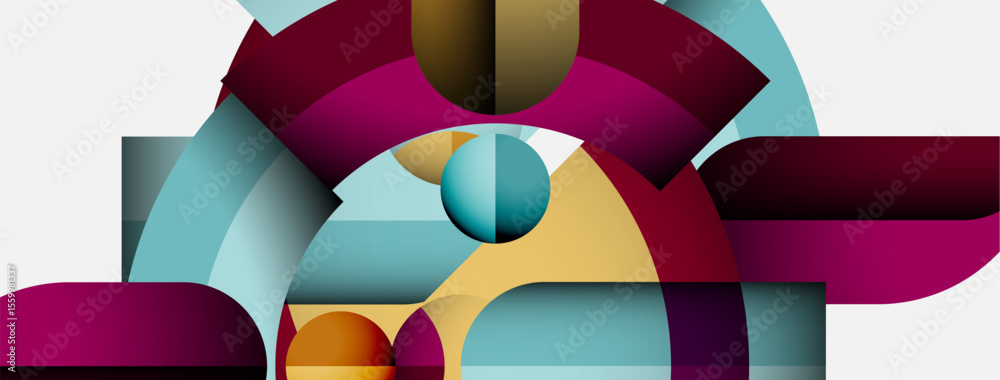 Poster Abstract geometric composition. Shapes overlap, creating dynamic visual effect. Colors include magenta, gold, teal, gray. Modern design.