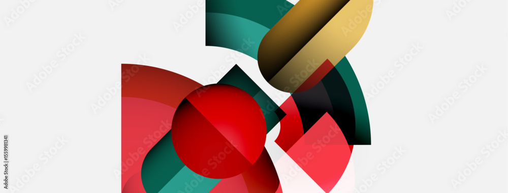 Poster abstract shapes overlap, creating dynamic composition. red, green, brown hues dominate white backgro