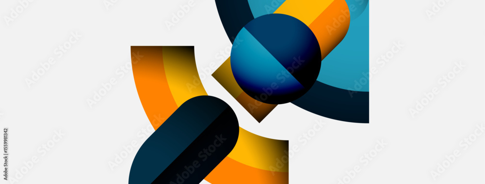 Poster abstract geometric shapes overlap, creating vibrant color contrasts. orange, teal, navy dominate com
