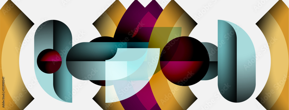 Aufkleber Abstract geometric composition. Overlapping shapes create dynamic visual effect. Colors include gold, teal, maroon, white. Modern design.