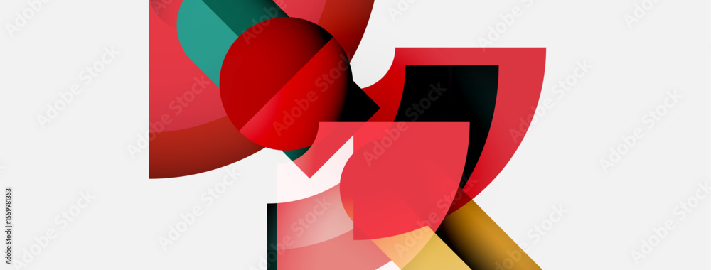 Poster abstract geometric shapes overlap, creating dynamic composition. red dominates, accented by teal, ye