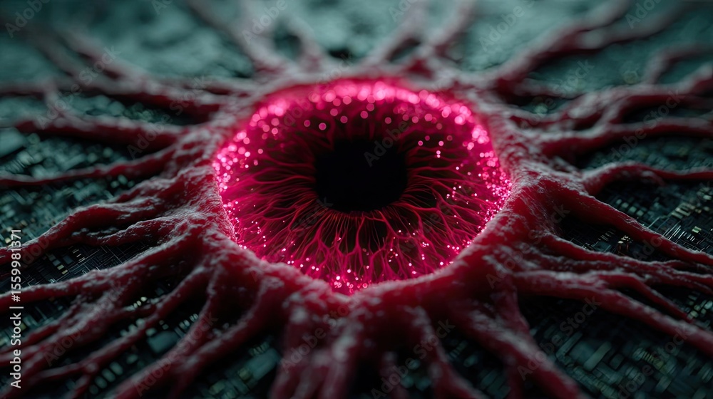 Aufkleber Cortex processor supports neuron activation process concept. A vibrant, detailed close-up of a glowing pink cellular structure.