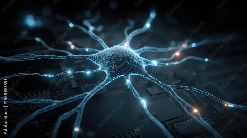 Aufkleber Cortex processor supports neuron activation process concept. Detailed view of a neuron with glowing connections and circuitry.