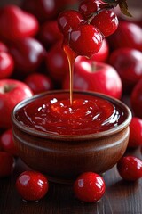 Red fruit jam or sauce pouring into a bowl