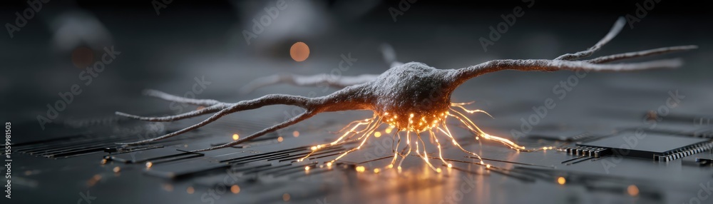 Aufkleber Cortex processor supports neuron activation process concept. Close-up of a futuristic circuit with glowing elements.