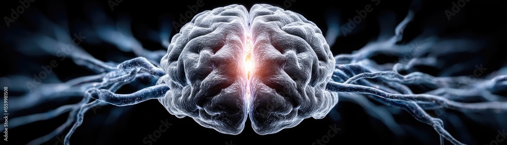 Poster Cortex processor supports neuron activation process concept. Illustration of a brain surrounded by electric energy and light.