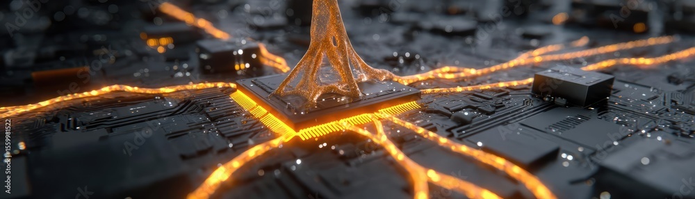 Aufkleber Cortex processor supports neuron activation process concept. Futuristic cityscape with glowing pathways and vibrant structures.