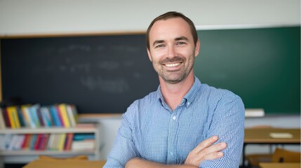 A male teacher stands in a classroom, smiling with confidence while his arms are crossed. Brightly colored books are arranged on shelves in the background beside a chalkboard