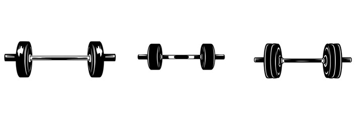 Set of three silhouette pictograms representing different weights and dumbbells for fitness activities