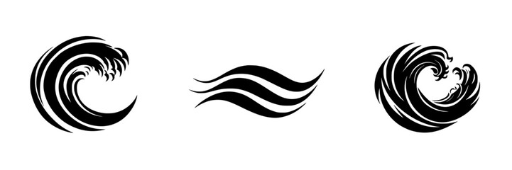 Naklejka premium Collection of wave silhouette pictograms representing various ocean movements and styles