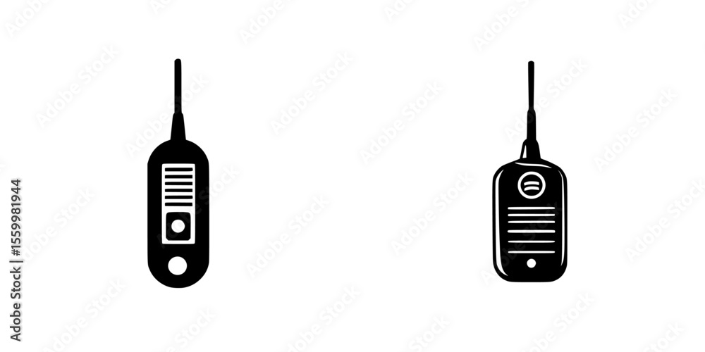 Poster silhouette pictograms of two communication devices showing different designs and features for variou