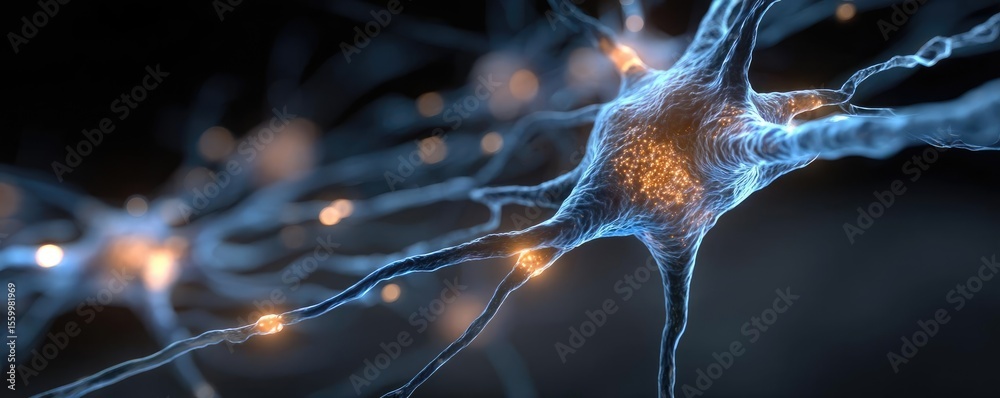 Aufkleber Cortex processor supports neuron activation process concept. Close-up view of neural connections with glowing synapses.