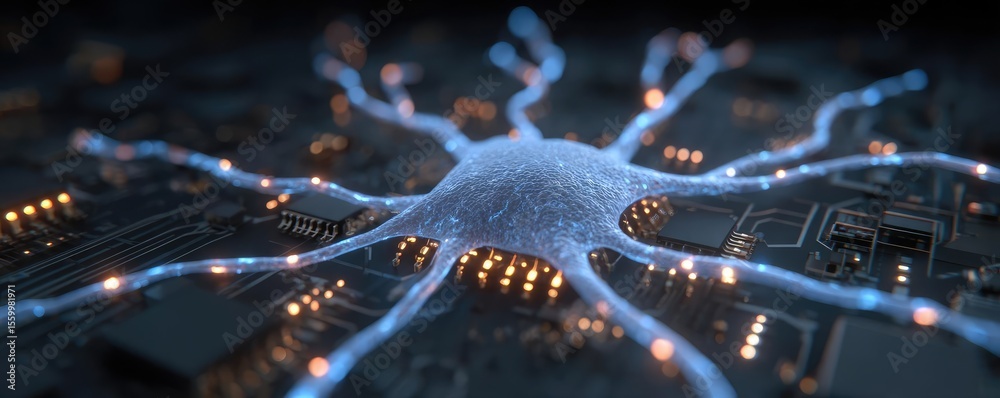 Aufkleber Cortex processor supports neuron activation process concept. A close-up view of a circuit board with glowing neural connections.
