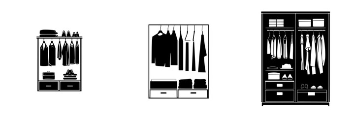 Clothing storage and organization pictograms showcasing various wardrobe designs for efficient space utilization